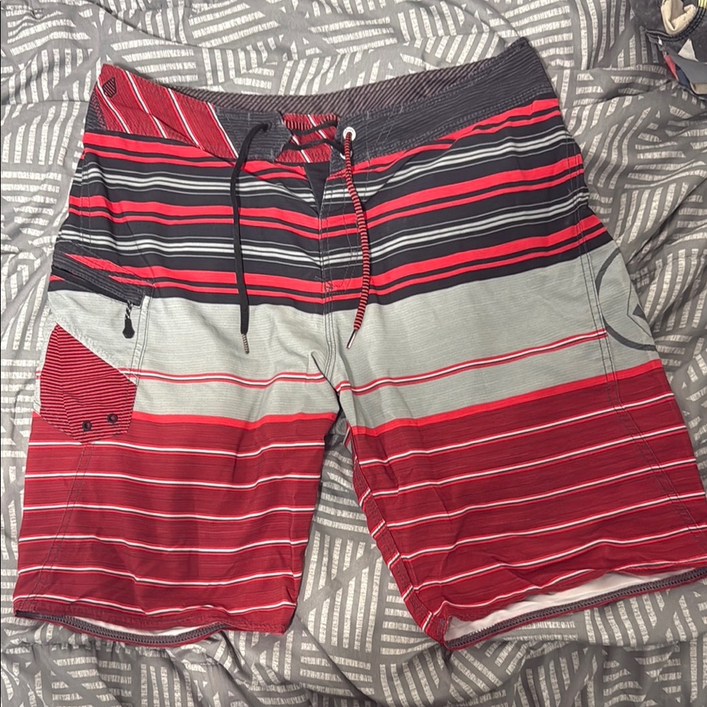 Volcom Mod Tech Red and Gray Board Shorts with Striped Pattern